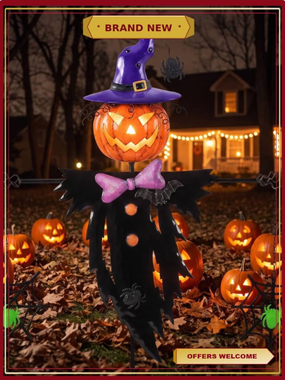 37in Metal Scarecrow Solar Stake Light Halloween Outdoor Decor